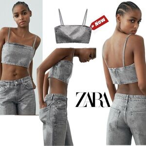 Zara TRF gray foil sequin embellished denim jean crop top sparkly Sz S NWT